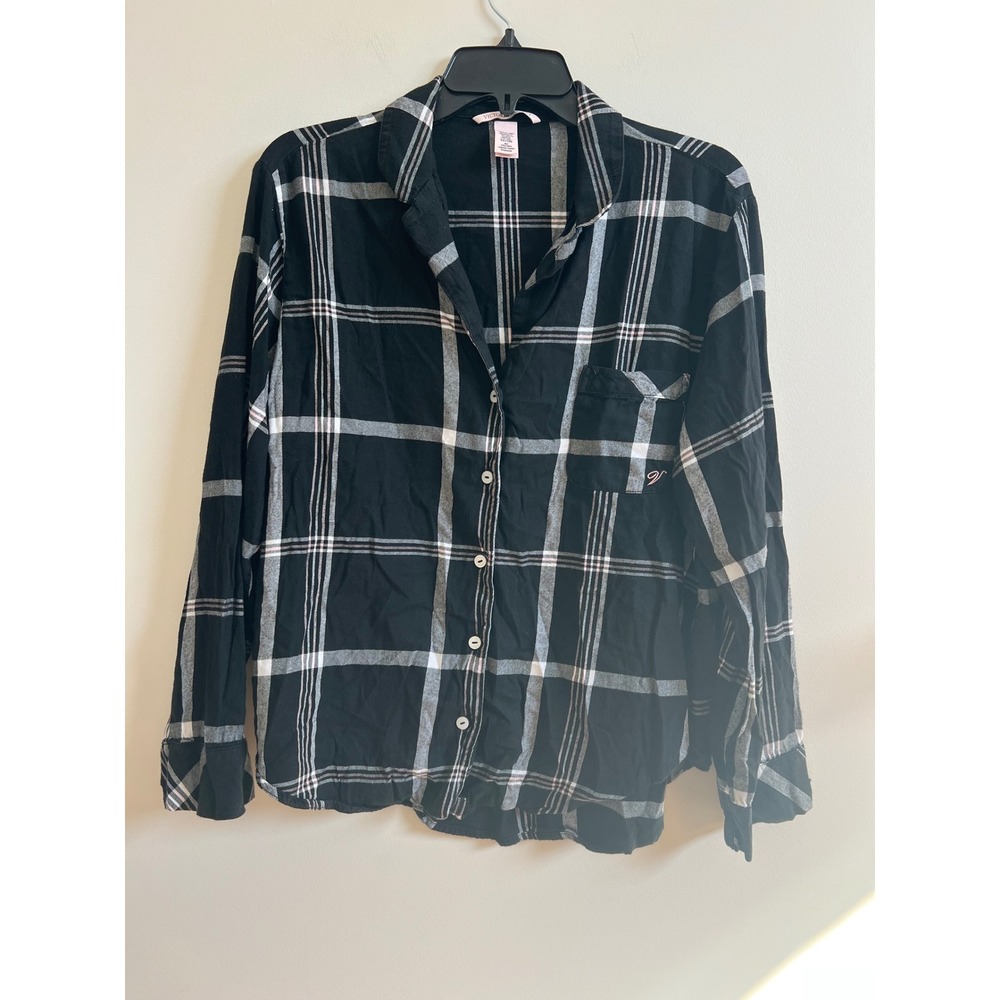 VICTORIA SECRET Plaid Pajama Shirt‎ Top Black White Pink Button Up Long Sleeve M